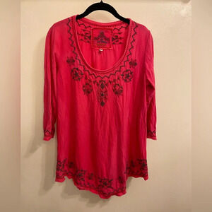 Johnny Was Embroidered Flowers Quarter Sleeve Blouse Pink Size Small
